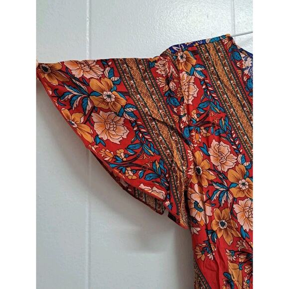 Womens Bohemia Side Split V Neck Ruffles Short Sleeves Maxi Dress with Belt Sz M - Picture 11 of 16